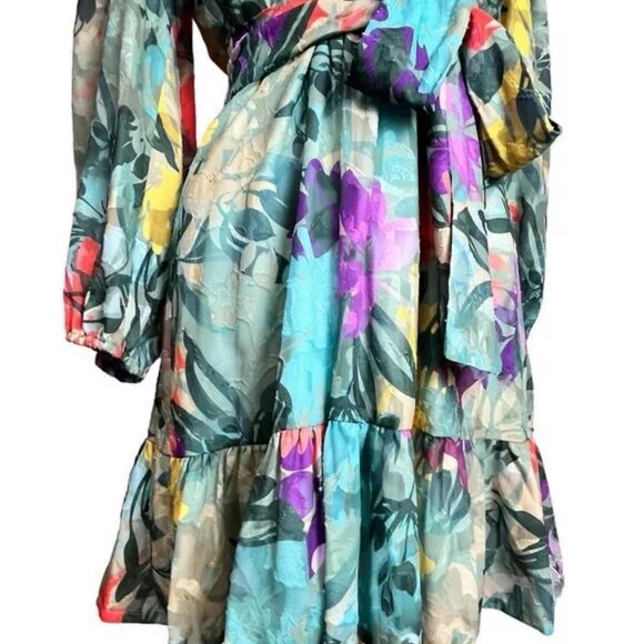 Alex Marie Ruffle Dress 6P Petites Floral Sheer Chiffon V-Neck Puff Sleeve Tier - Picture 8 of 12